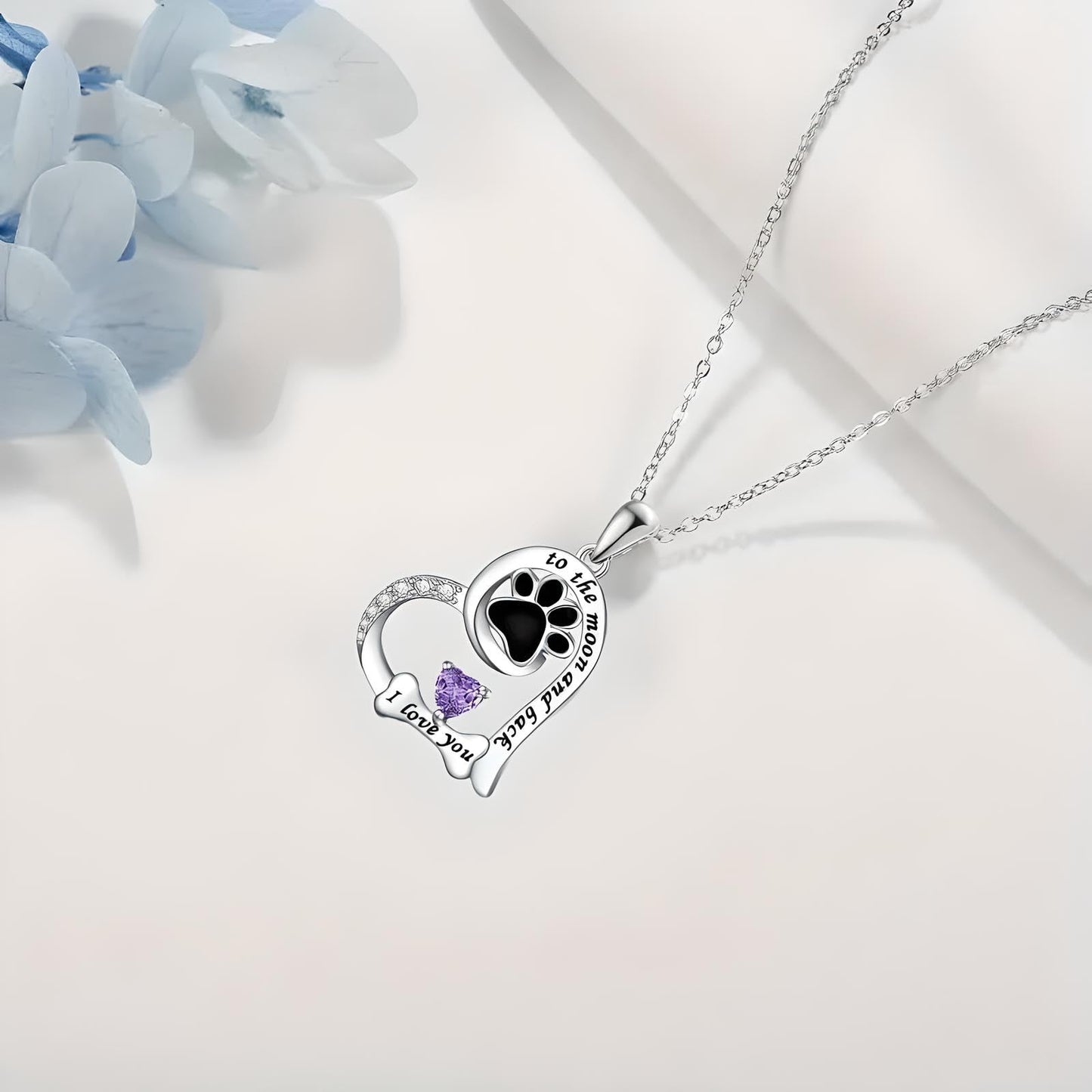 SUPAC Dog Paw Love Pendant Necklace, to the moon and back, I love you- Jewlery Gift for Birthdays or Christmas. Multiple Color Options of Simulated Diamond