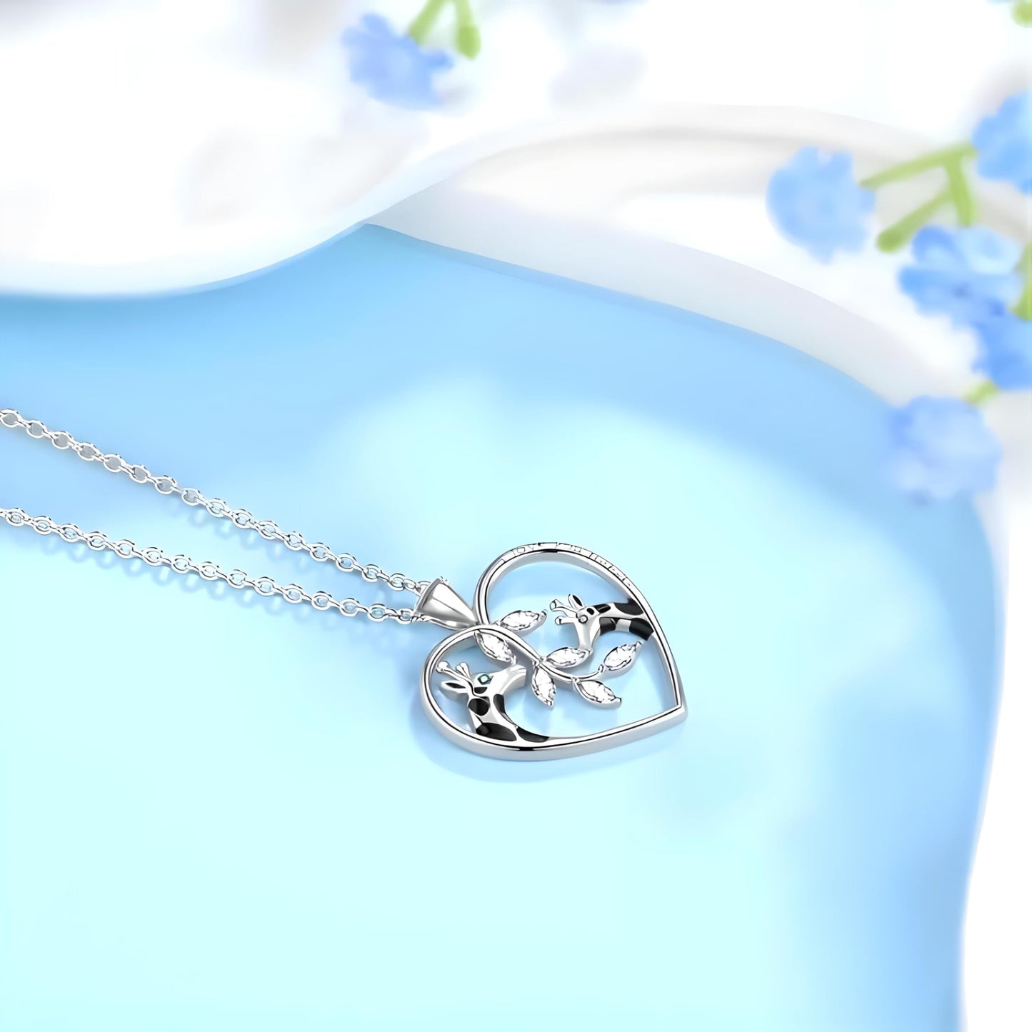 SUPAC Sterling Silver Tree of Life Giraffe Pendant Necklace, Blue Crystal Background, Gift for Animal Lovers! (Giraffe with Green Eyes)