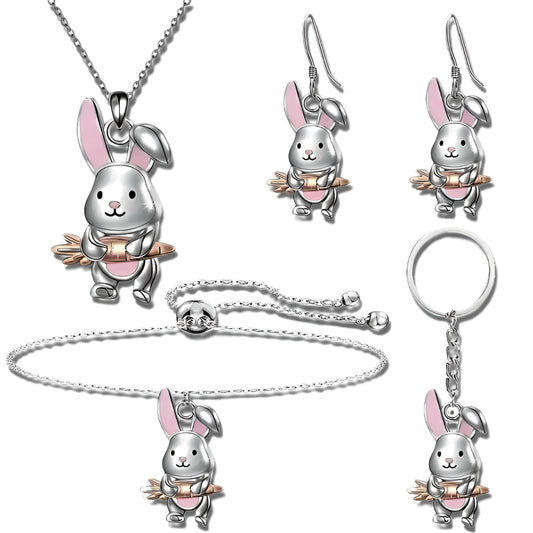 Cute Bunny Jewelry Set with Necklace, Bracelet, Earrings and Keychain, Silver and Pink - Rabbit Jewelry Gift