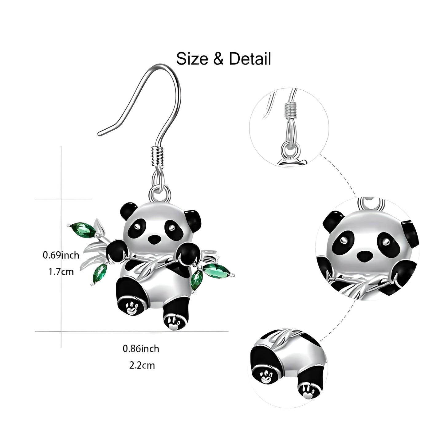 Panda Jewelry Set with Necklace, Earrings, Bracelet and Keychain, Silver with Green Crystal Bamboo Leaves