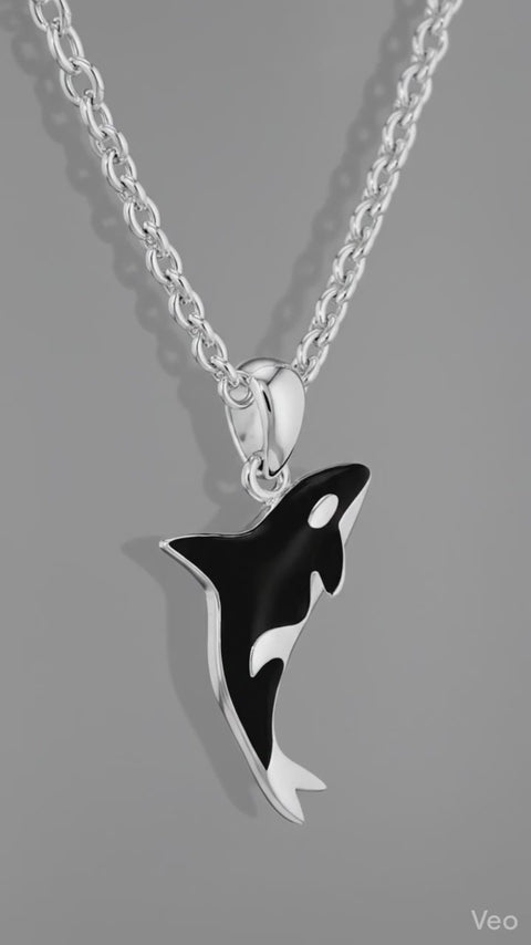 Stainless Steel Orca Whale Pendant Necklace - Black and Silver