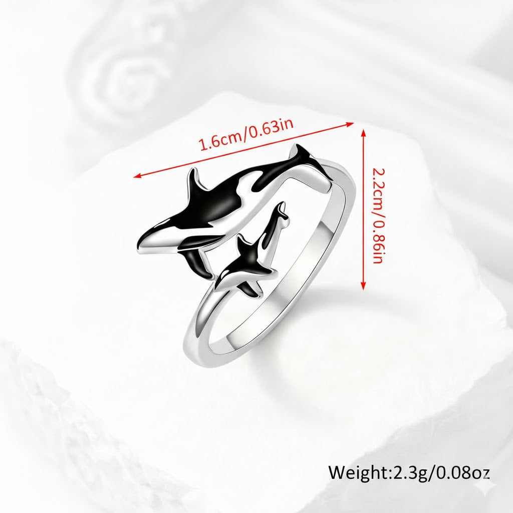 Stainless Steel Orca Whale Ring, Adjustable Size, Black and Silver - Shamu Gift
